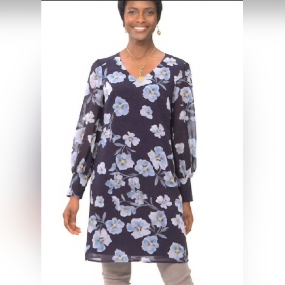 Cabi SZ S Floral Shift‎ Dress Long Semi Sheer Sleeve V-Neck Lined Purple